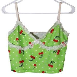 2395 * Unbranded Cherry Print Cropped Cami Tank Green Red Size Unknown